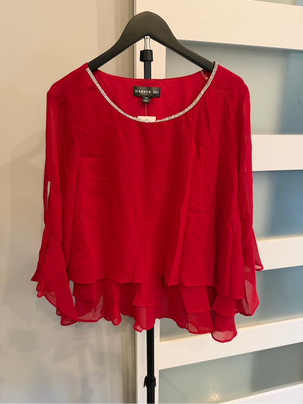 Harper Red Layered Chiffon Tunic with Jeweled Neckline